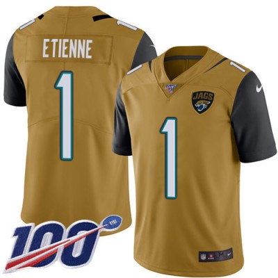 Nike Jacksonville Jaguars #1 Travis Etienne Gold Men's Stitched NFL Limited Rush 100th Season Jersey Men's